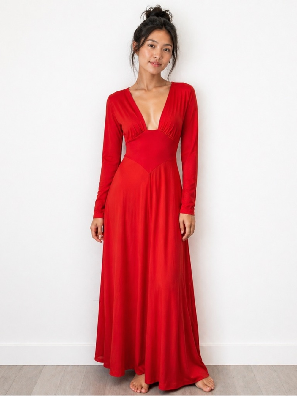 VTG 70’s Miss Dior Deep V Long Sleeve Red Nightgown Maxi Dress Sz XS